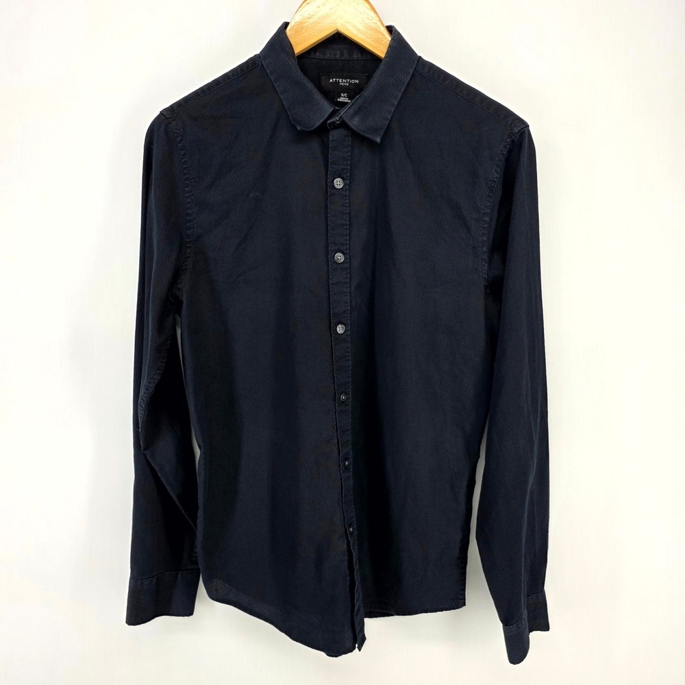 Attention Button Down Shirt S Black Textured Long Sleeve Dress Casual SEAS9015